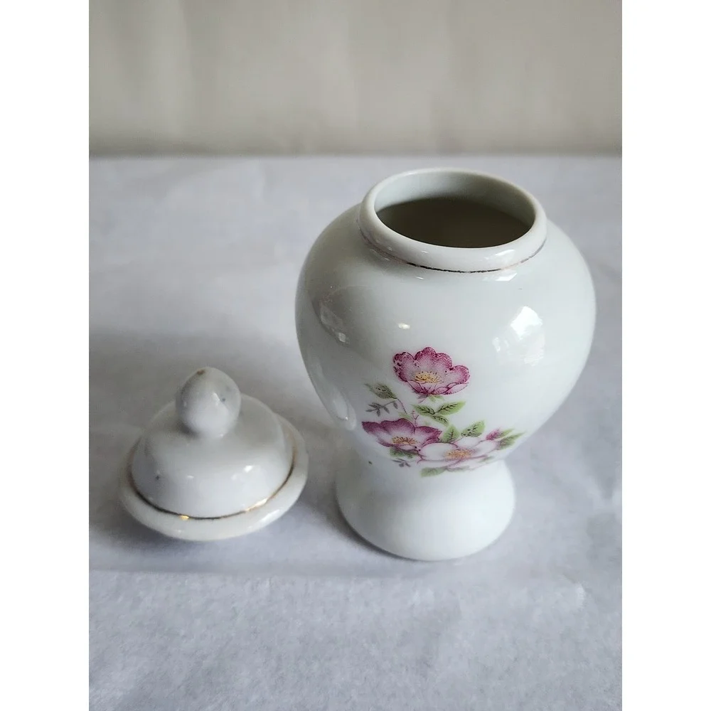 Vintage Miniature Porcelain Ginger Jar Pink Floral Gold Gilt Lidded Urn 4.75in